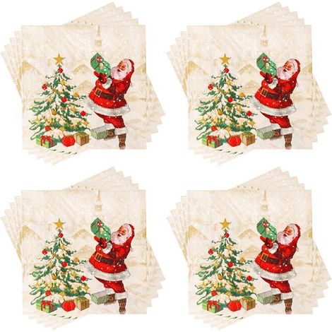Weihnachts-Einwegservietten MICH – 60 Stück – 33x33 cm – Motive: Weihnachtsmann und Tannenbaum – Gold – Biologisch abbaubar