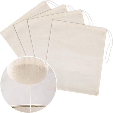 Paquet de 4 (grands 14x12 pouces) sacs en coton passoire à lait sacs d'épicerie sacs en étamine yaourt café thé jus de vin (1/5)