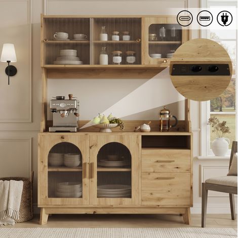 Buffet haut avec façade acrylique ondulée, prises USB-A et USB-C, bois, 120x40x178 cm (1/5)