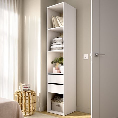 Guardaroba Grande Claymont, Armadio Camera da Letto 3 Ripiani, 2 Cassetti, Apertura Scorrevole, 45x205h cm Bianco (1/5)