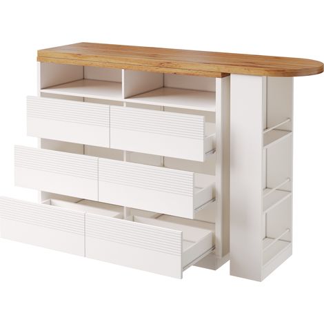 Table de bar extensible avec rangement, plateau tournant en MDF, 6 tiroirs, roulettes avec freins, design moderne 137-215×39×102,3 cm (1/5)