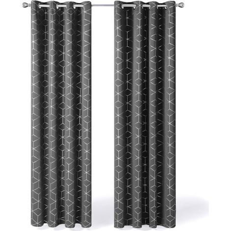 HOXILEELEO - Lot de 2 Oeillets Rideaux Occultants Gris Clair Isolant Thermique Anti Froid Rideaux Lossange Imprimés Argents Chambre 140x260cm (1/4)