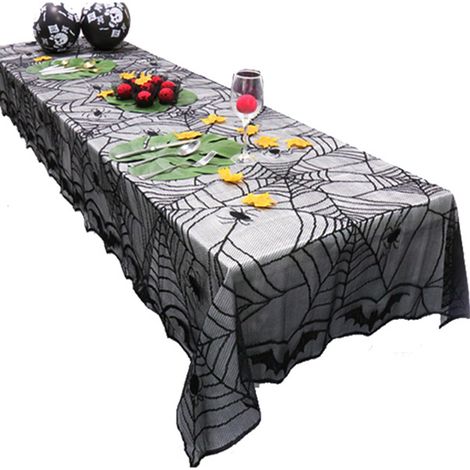 Mantel rectangular (48 x 96 pulgadas) con estampado de encaje de telaraña, ideal para la decoración de mesas de Halloween, fiestas y como artículo para fiestas en interiores. (1/5)