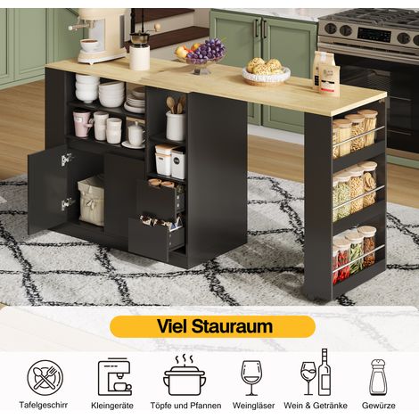 Îlot de cuisine avec plan de travail extensible, îlot de rangement long de 115 cm avec étagères sur trois côtés et deux tiroirs, bar à café, table à manger extensible en bois, adapté pour salle à mang (1/5)