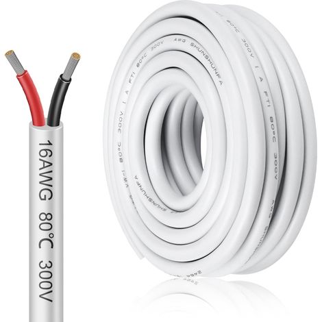 Câble électrique à 2 fils 16 AWG - 2 x 1,5 mm² - 6,1 m - Câble de terre 5 V/12 V/24 V - Blanc - Câble de terre en cuivre étamé - 300 V - Flexible et doux - Résistance aux températures élevées (1/5)