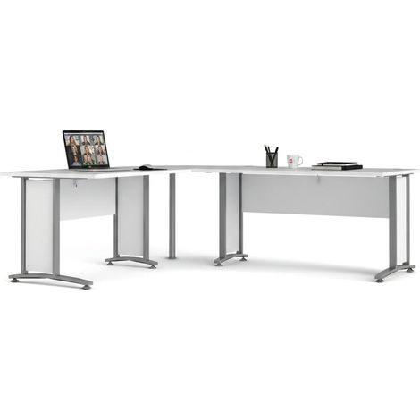 Dmora - Schreibtisch Cezannine, Mehrzweckschreibtisch, Bürotisch für PC, Eckschreibtisch, 230x200 h75 cm, Weiß und Grau