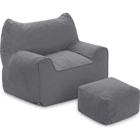 Erwachsene Sitzsack mit Fußbank, Armlehne & Füllung - Große Katzenform, Outdoor Sitzsack, bequemer Bodensessel für Wohnzimmer, Schlafzimmer, 90cm Grau