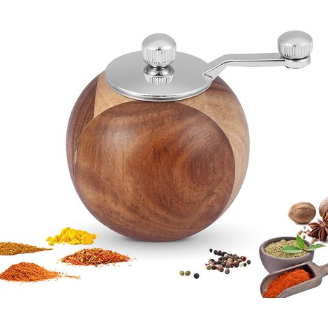 Manuelle Pfeffermühle, Holzsalzmühle, runde Gewürzmühle, braune Gewürzmühle mit Edelstahlrotor für Küche, Kochen - INHHUB