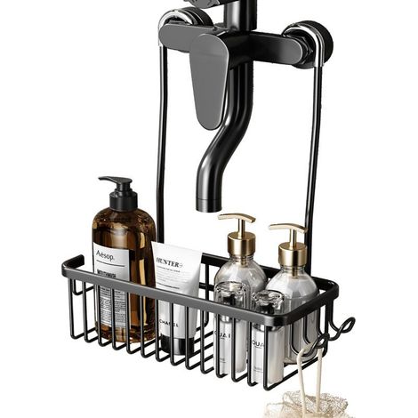 Hanging shower shelf – Black – Stainless steel – No drilling required – Bathroom organizer – Black – 30 x 13 x 37.5 cm (1/5)