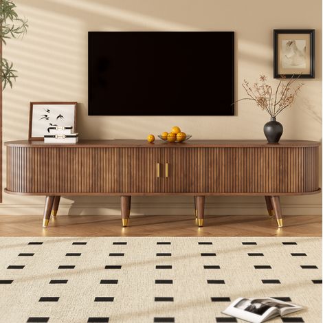 Meuble TV 175x38x45 cm walnut en MDF avec porte coulissante en rotin et grand rangement (1/5)