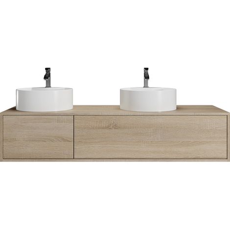 Mobile bagno sospeso color legno naturale chiaro con doppio lavabo rotondo - L150 cm - ISAURE II (1/4)