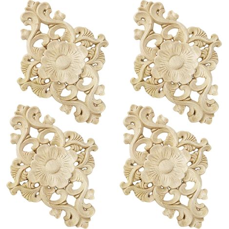 Sollbry Lot de 4 décorations en bois sculpté pour meubles, mur, armoire, porte, décoration, bricolage