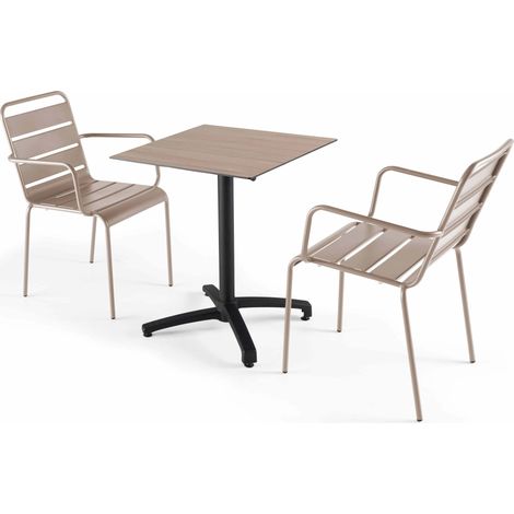 Ensemble table 60 cm chêne clair et 2 fauteuils en métal taupe (1/5)