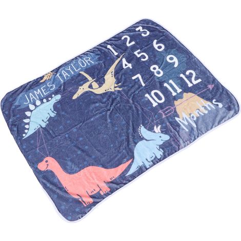 Babydecke mit Dinosaurier-Print, aus weichem Fleece, ideal für Fotos und zum Festhalten der monatlichen Meilensteine des Babys, in Marineblau mit Dinosaurier-Print. (1/5)