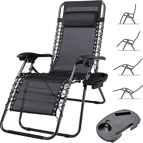 Sedia Poltrona Giardino Gravita Zero Pieghevole Acciaio Oxford con Vassoio Nero (1/5)