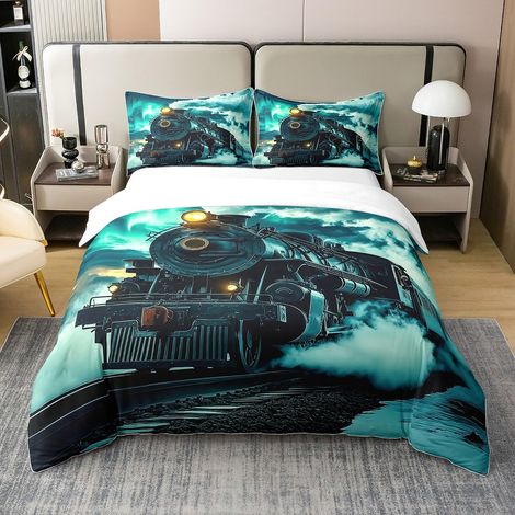 Parure de lit rétro 100 % coton avec housse de couette de 135 x 200 cm et 1 taie d'oreiller, motif machine à vapeur, pour enfants, adolescents, adultes, turquoise (1/5)
