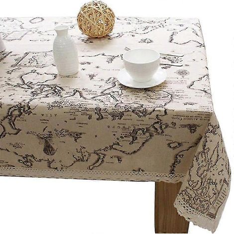 Nappe en coton et lin dentelle à motif carte de voyage rétro, décoration (1/5)