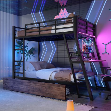 Lit mezzanine 140 x 200 cm noir en métal avec bureau, LED et 2 tiroirs pour gain de place (1/5)
