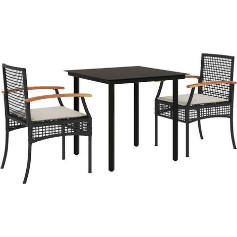 Ensemble table et chaises de jardin noires trois pièces avec coussins. (1/5)
