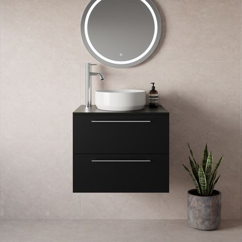 Napoli 460 Matt Black 600mm Wall Mounted 2 Drawer Vanity Unit for Countertop Basins - 600mm - Chrome 320mm Handle
