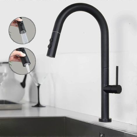 Robinet de cuisine noir Piao Shanfo - Mitigeur rotatif à 360° avec douchette extractible (1/5)