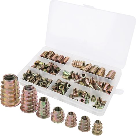 Lot de 100 inserts à visser hexagonaux M4/M5/M6/M8/M10, écrous à douille en acier, fixations filetées en boîte, assortiment de vis à tête creuse. (1/5)