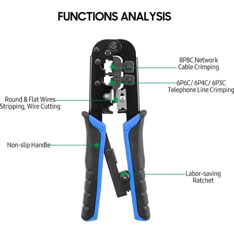 Herramienta de crimpado de trinquete multifunción 3 en 1: crimpa, pela y corta cables para líneas telefónicas y redes de 8 y 6 pines. Herramienta manual para electricistas.
