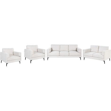 Conjunto de sala de estar 7 plazas minimalista estilo moderno mediados siglo de tela patas metálicas reposabrazos rectos blanco crema Lousto (1/5)