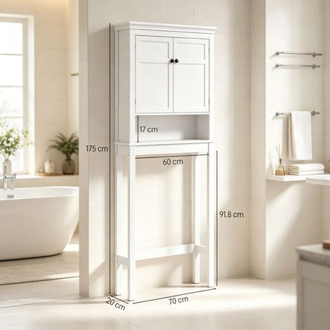 Armoire de rangement blanche pour salle de bain, meuble WC et machine à laver avec 2 portes et étagères réglables, gain de place (1/5)