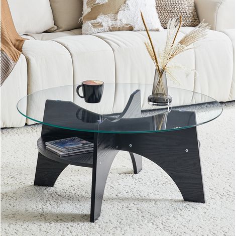 Mesa auxiliar redonda Ø80x36 cm negra y transparente en MDF y vidrio con diseño minimalista y base en abanico (1/5)
