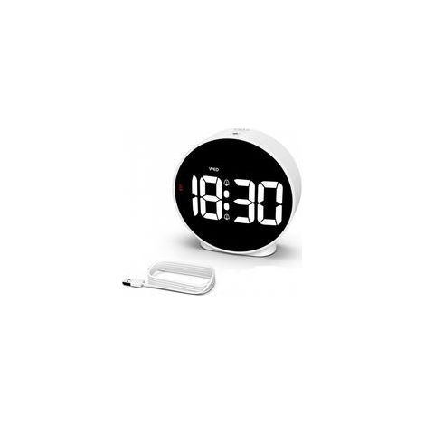 Réveil LED blanc, alarme lumineuse avec affichage du jour, fonction répétition, 4 niveaux de luminosité réglables, 2 alarmes, horloge numérique à piles pour enfants, adolescents et seniors (1/5)