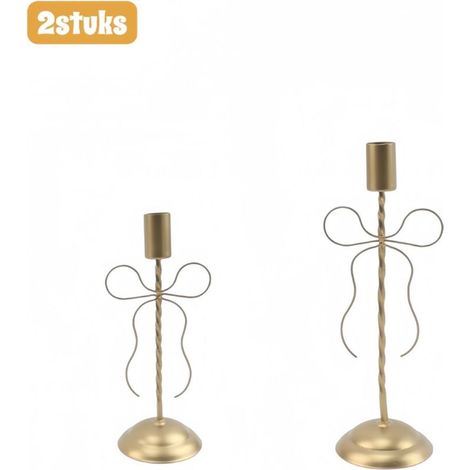 Set of 2 wrought iron candle holders with decorative bow for home decor, gold color (1/5)