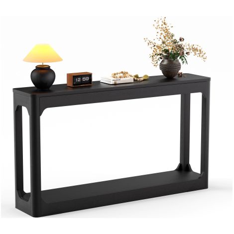 Tavolino laterale curvo con contenitore, lungo 140 cm, a due livelli, ideale per la zona dietro il divano, l'ingresso, il corridoio e l'atrio. Nero. (1/5)