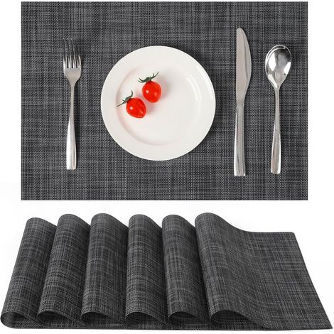 Manteles individuales - Manteles individuales de PVC antideslizantes - Resistentes al calor hasta 80 °C - Fáciles de limpiar - Para uso interior y exterior - 30 x 45 cm - 6 unidades - Negro (1/5)