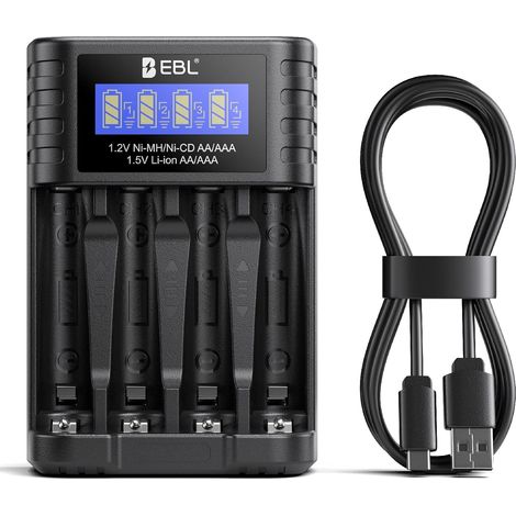 Universel Chargeur de Piles, pour 1,5V Li-ION et 1,2V NiMH NiCD AA AAA Écran LCD Intelligent, Type-C Charge Rapide, Slot Indépendant pour 1,5V Li-ion, 1,2V NiMH NiCD AA/AAA (1/5)