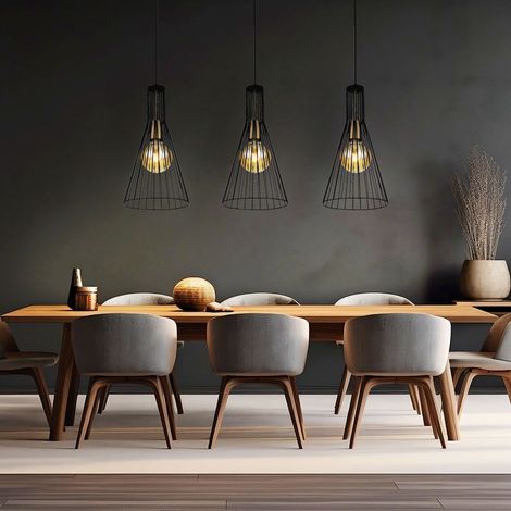 Hängelampe schwarz Pendelleuchte Esstischlampe Esszimmerlampe 3-flammig, Käfig-Design Industrial, Metall schwarz, 3x E27 Fassung, LxBxH 84x20x120 cm, Wohnzimmer Esszimmer