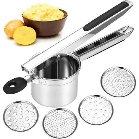machacador de patatas manual, machacador de patatas de acero inoxidable, triturador de patatas de acero inoxidable para puré de patatas, zumo de frutas, verduras, con 4 discos intercambiables. (1/5)