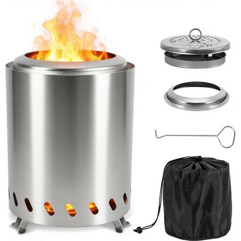 Jiubiaz Braciere senza fumo, H: 19,5 cm x Diametro: 15 cm, braciere a legna con cenere rimovibile, interno in acciaio inossidabile 201, portatile per terrazze esterne e campeggio (1/5)