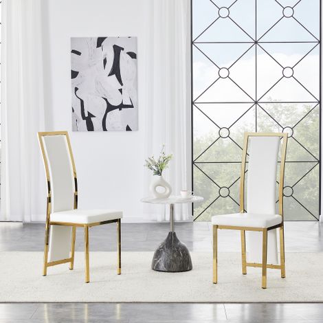 [Lot de 2] Chaises de salle à manger de style minimaliste européen (Accents dorés) — Cuir PU blanc + Structure en métal doré brillant — Design polyvalent, adapté à divers environnements (salles à mang (1/4)