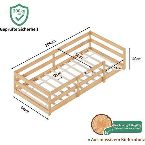 Lit bébé Montessori avec barrière de sécurité – 90x200 cm, bois de pin naturel, sommier non inclus, montage facile, couchage au sol pour enfant (1/5)