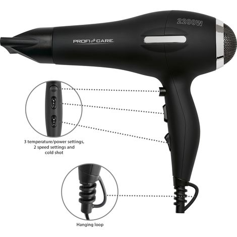 Proficare HT 3017 Secador Pelo Profesional, Motor AC, 3 Niveles Temperatura, 2 Niveles Velocidad, Difusor, Cable2m 2200W Negro (1/5)