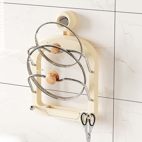 Support Pour Couvercles De Casserole - Fixation Par Ventouse - Design À Plusieurs Niveaux - Montage Murale - Couleur Crème - 1 Pièce (1/5)