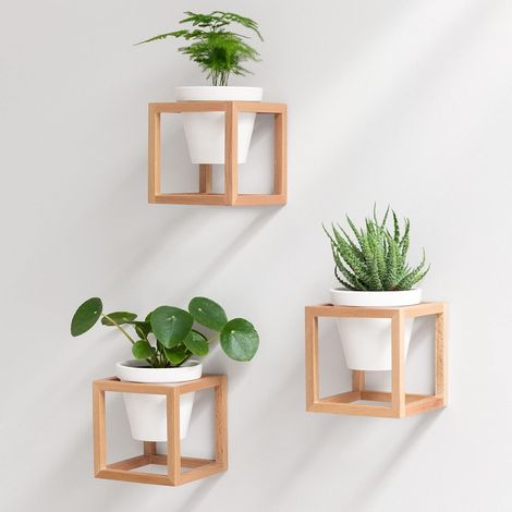 Jardinières Murales ,Pots de Fleurs Suspendus dans des Cadres en Bois Massif,Ensemble de Porte-Plantes en Céramique et Bois pour Murs,Tables et Plus,Brun Naturel (1/5)