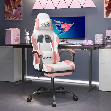 Beyamis Fauteuil de jeu pivotant avec repose-pieds, blanc et rose, similicuir (1/5)