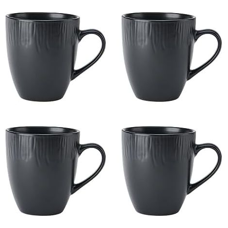 Mikasa Jardin Midnight Juego de 4 Tazas, de 420ml de Gres para Té y Café, en Caja de Regalo, Apto para Lavavajillas, Negro