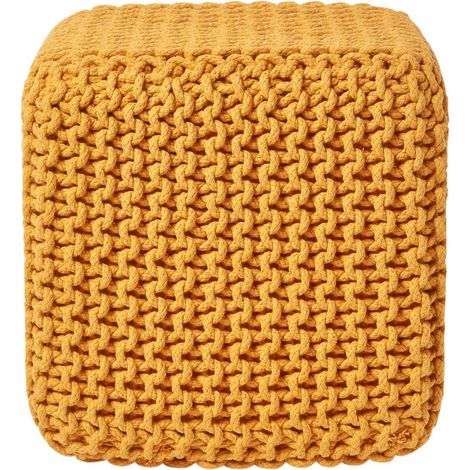 HOMESCAPES Mustard Cube Cotton Knitted Pouffe Footstool (1/5)