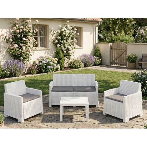 Dmora - Lounge-Set für draußen Vieste, Garten-Set mit 2 Sesseln, 1 Sofa und 1 Couchtisch, Rattan-Effekt mit Kissen, 100 % Made in Italy, Weiß, mit verstärkter Verpackung (1/3)