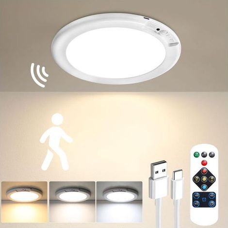 Trois couleurs Lampe à détecteur de mouvement rechargeable avec télécommande Plafonnier/applique murale magnétique sans fil, alimentée par batterie. (1/5)
