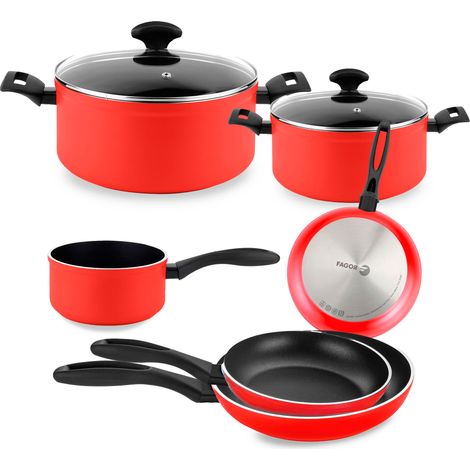 FAGOR Maxima Batterie de Cuisine à Induction 8 Pièces Aluminium Forgé Antiadhésif sans PFOA  Rouge