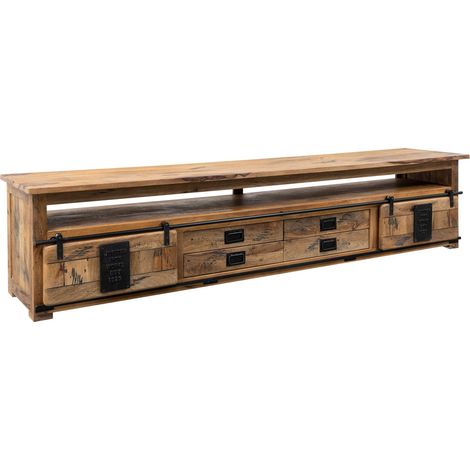 Massivmoebel24 – Meuble TV en bois de manguier laqué 260x50 – 2 portes coulissantes – 4 tiroirs – Niche ouverte pour appareils – Style industriel (1/3)
